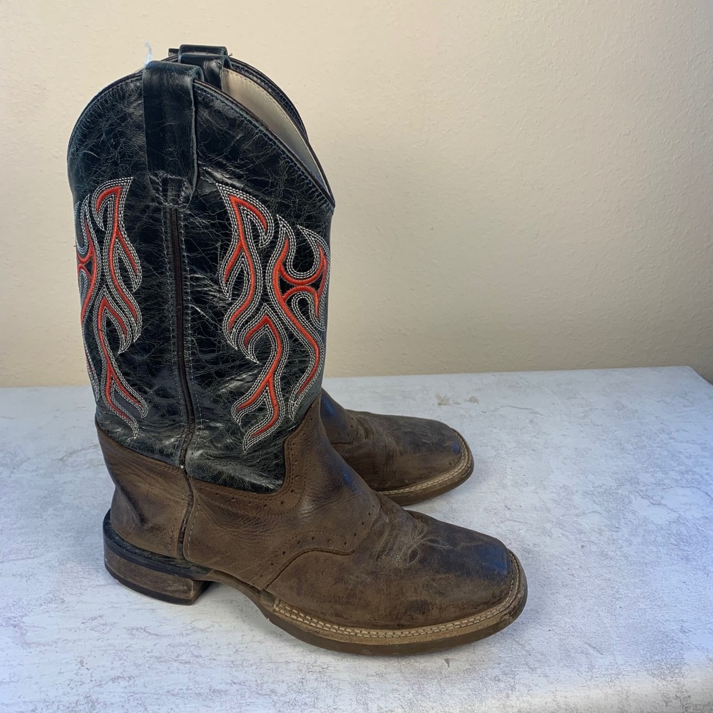 Old West Boys 5.5D Cowboy Boots Brown Leather Black Red Flame Embroidery BSY1868